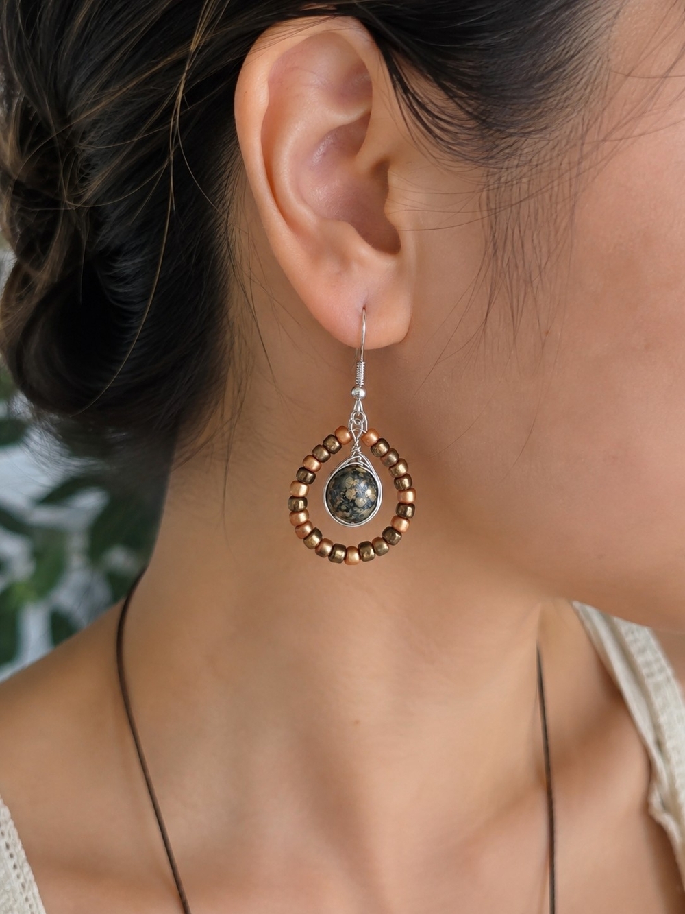 Handcrafted Bronze Beaded With Leopard Jasper 8MM Stone Dangle Earrings